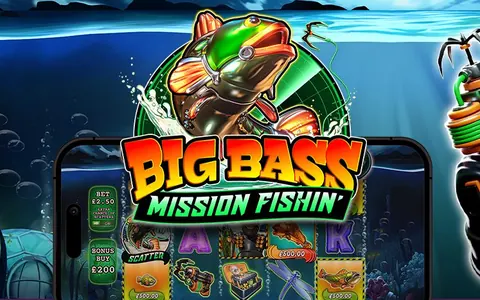Big Bass Mission Fishin' di Pragmatic Play: il pescatore sub e il logo