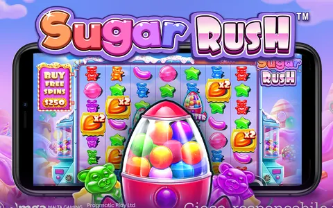 Sugar Rush di Pragmatic Play: griglia di caramelle sullo schermo di un telefono